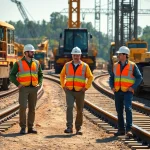 Railroad Contractors USA inspecting a construction site with machinery and tracks.