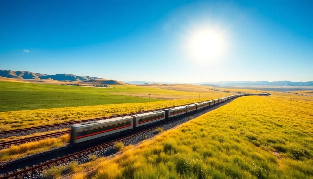Great plains rail network showcasing modern trains traversing beautiful landscapes.