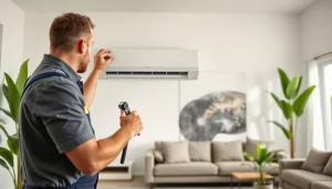 Technician installing an american standard air conditioner in a modern living room environment.