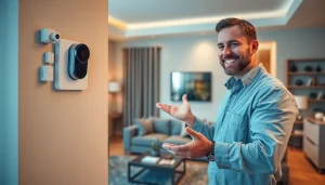 Instalación de alarmas de seguridad avanzadas en una casa moderna, mostrando dispositivos de alta tecnología.