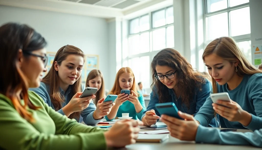 Students using smartphones as a solution in school life, collaborating in an interactive classroom.