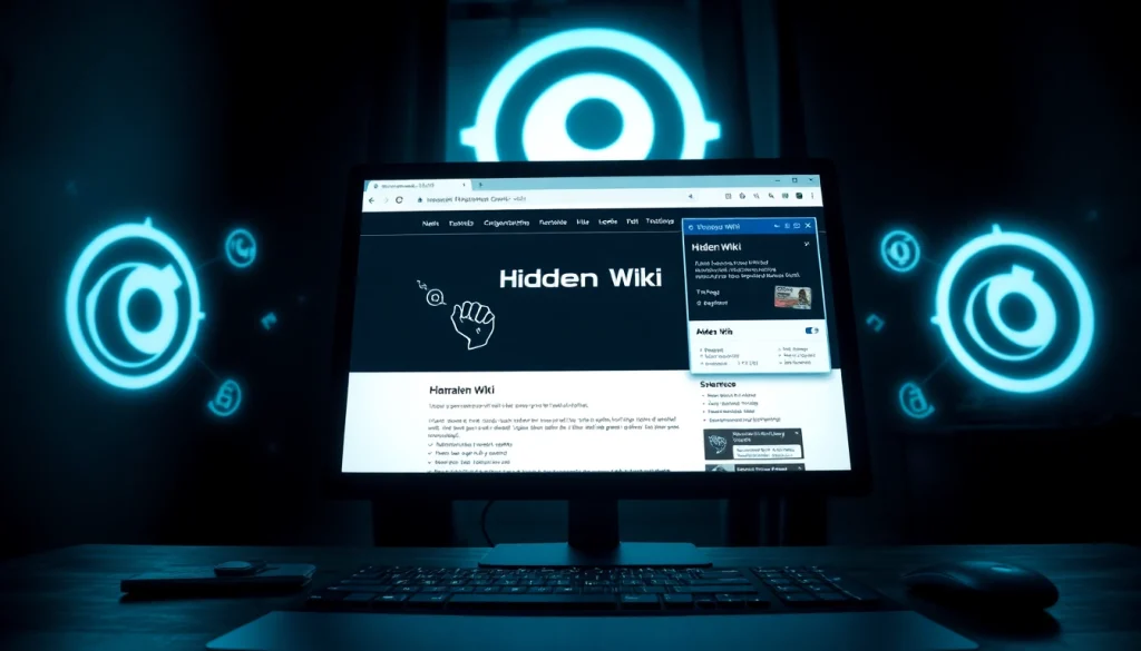 The Hidden Wiki Tor interface displayed on a computer, highlighting anonymity features in a dark web setting.