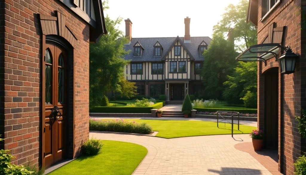 Showcasing the stunning Wellesley Tudor Expansion with detailed architecture and lush landscaping.