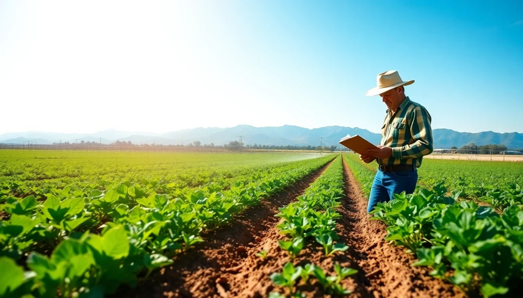Land irrigation systems actively nurturing crops in a lush field with a farmer inspecting growth.