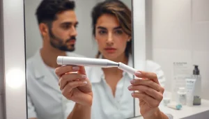 How to use laser pen for skin tag removal, demonstrating a focused user in a modern bathroom.