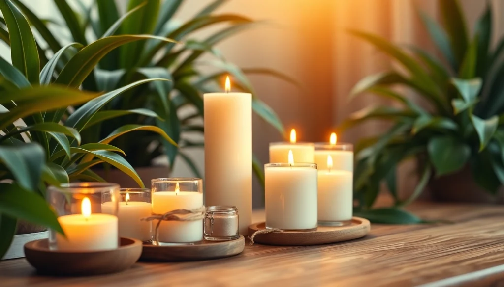 Mirisne svece postavljene na drvenoj površini uz zeleni ambijent.