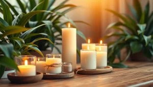 Mirisne svece postavljene na drvenoj površini uz zeleni ambijent.