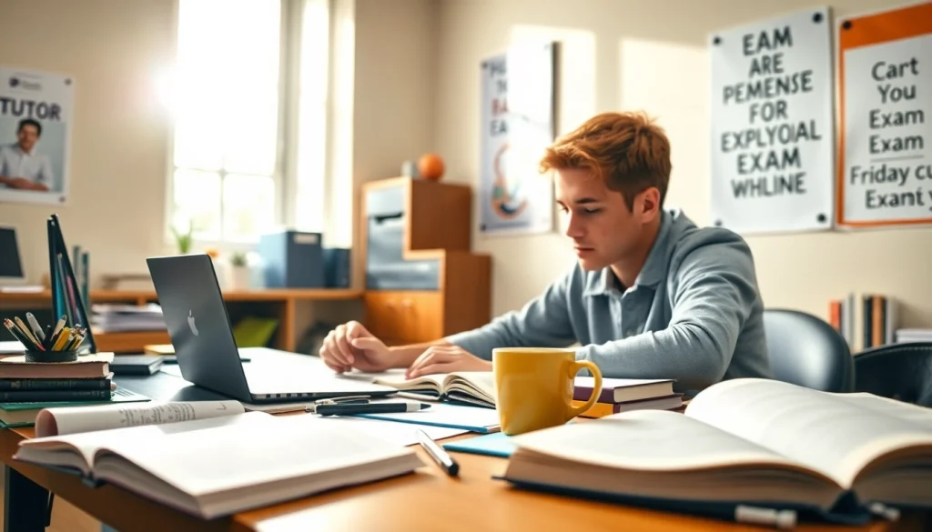 Engaging scene of a student immersed in exam preparation using books and a laptop.