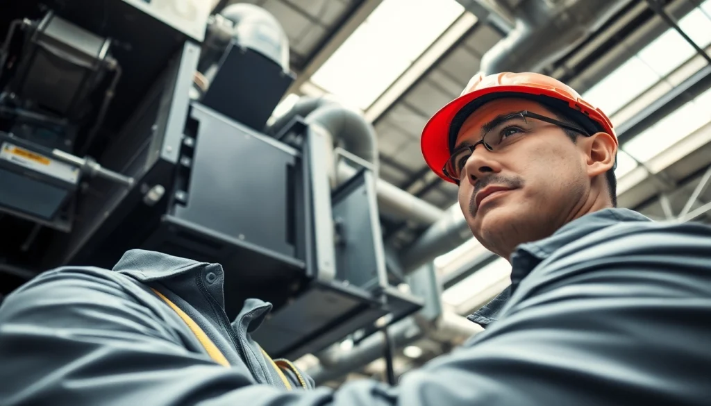 Technician servicing a commercial hvac system in an industrial setting.