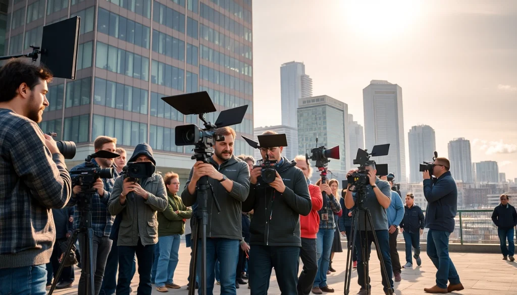 Filmmakers at work showcasing edmonton production companies in a creative urban setting.