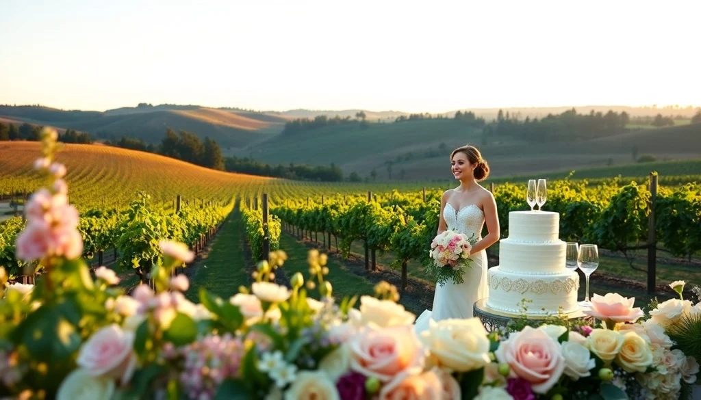 Couple enjoying their Clarksburg wedding surrounded by vineyards and floral decor.