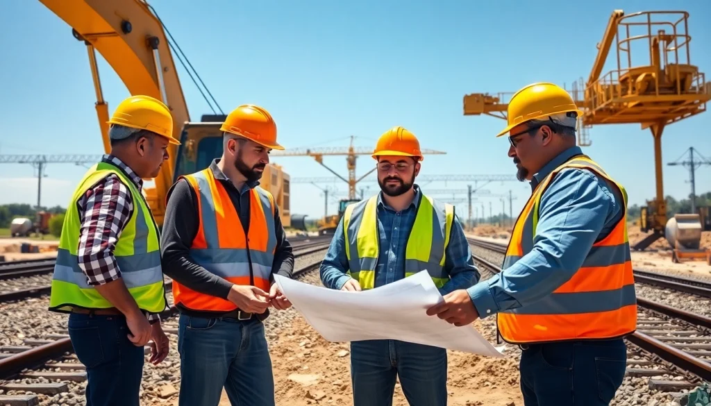 Railroad Contractors USA collaborating on-site with heavy machinery and blueprints.