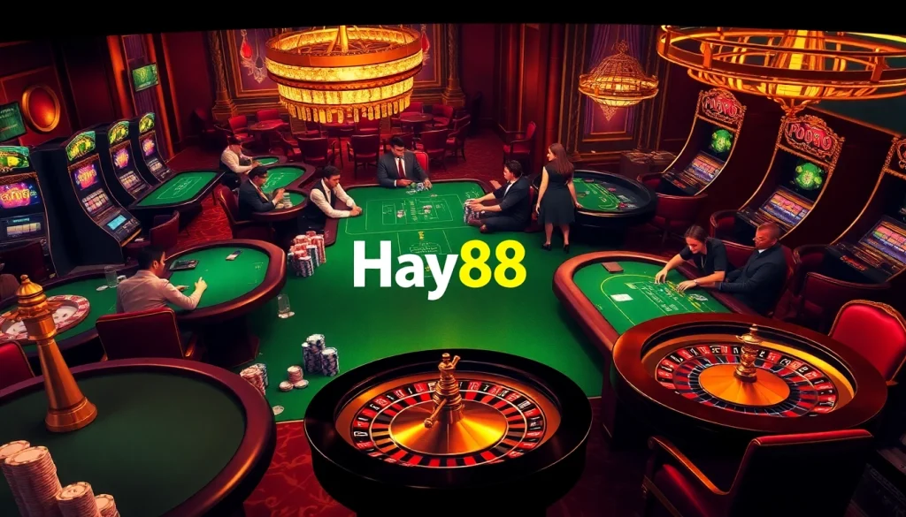 Players strategically enjoying Hay88 Casino games with vibrant roulette wheels and poker tables.