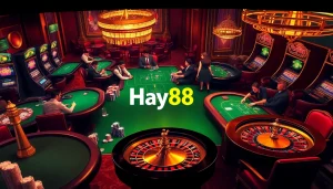 Players strategically enjoying Hay88 Casino games with vibrant roulette wheels and poker tables.