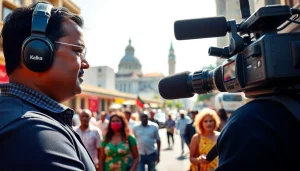 Capture of Kenya News in a lively urban setting showcasing broadcast reporter and locals.