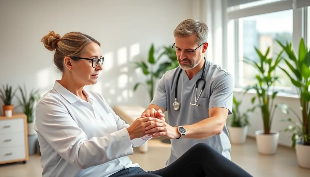 Physiotherapy Edmonton: Engaged physiotherapist assisting a patient in a modern clinic.