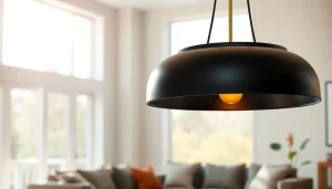 Stylish black and gold light fixture illuminating a modern living room with natural light.