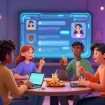 Engaging spicy chat scene with animated characters in a vibrant virtual lounge.