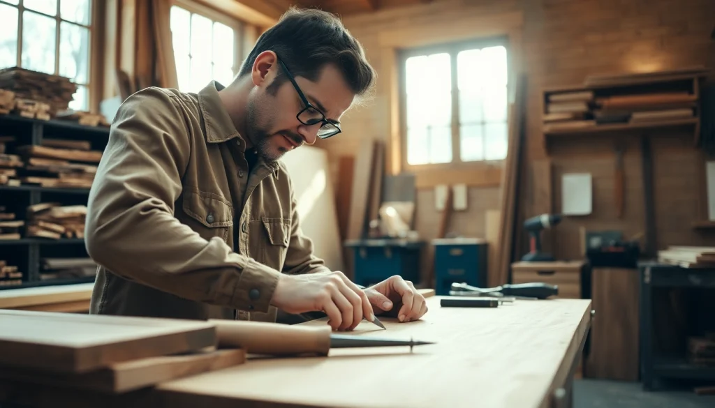 Craftsman carpenter skillfully shaping wood in workshop setting with tools.