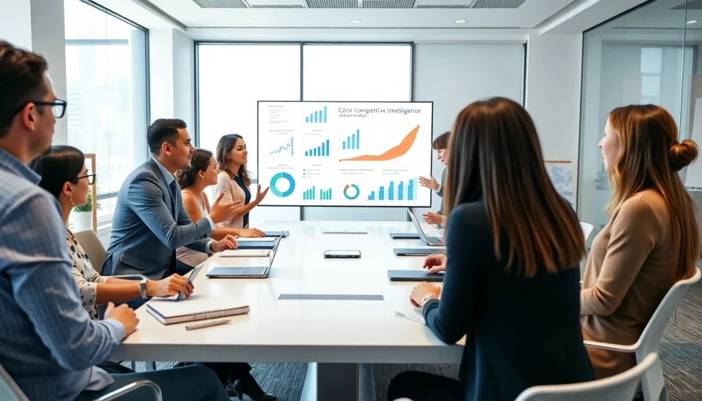 Engaging discussion on competitive intelligence FAQs in a modern office.