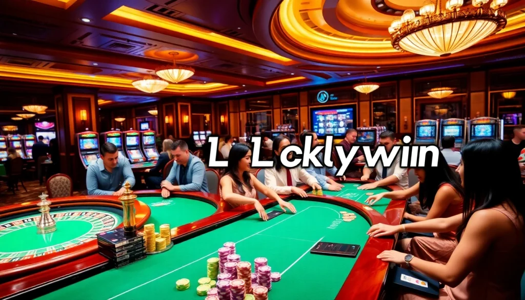 Experience the excitement at Luckywin's vibrant casino gaming floor with players engaging at tables.