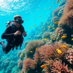 Tauchen Lernen: Scuba diver practicing skills amidst colorful coral reefs.