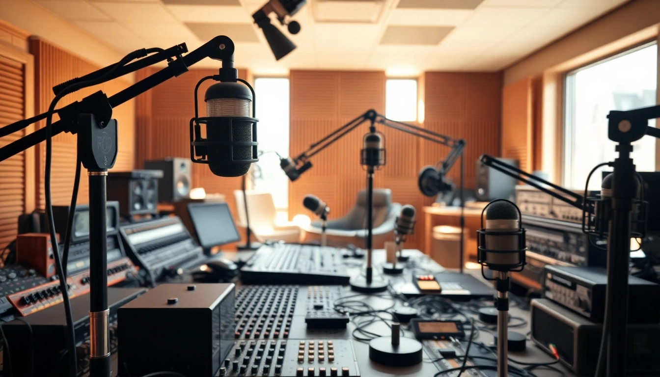 Engaging broadcast setup at https://chadronradio.com/ showcasing microphones and studio equipment.