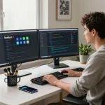 Moltbot AI integration in a modern home office showcasing a developer coding and interacting with tech tools.