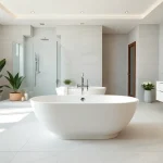 Revamped bathroom remodelling design featuring a freestanding bathtub and modern fixtures.