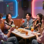 사적인 방에서 노래방을 즐기는 그룹, www.3no.org/seo의 활기찬 분위기와 재미를 강조합니다.