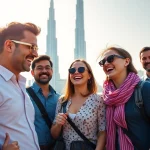 Group of tourists experiencing a vibrant dubai full day city tour with landmarks.
