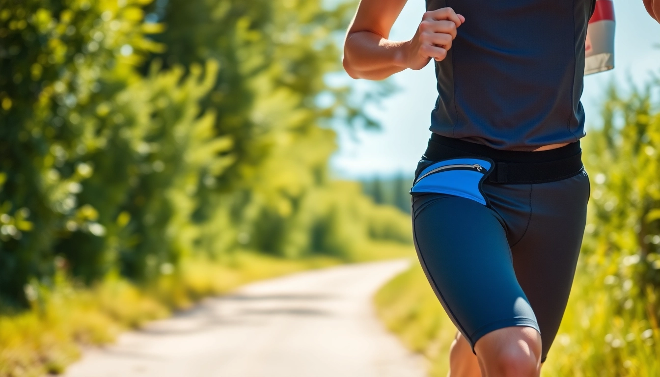 Runner showcasing a lightweight running waist belt during an outdoor exercise session.