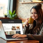 Engaging moment of a lifestyle blogger working on her UK Lifestyle Blog in a cozy café.