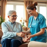 Engaging caregiver providing at home senior care to an elderly person in a serene environment.