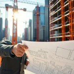 New York City Construction Manager directing a construction site with architectural plans.