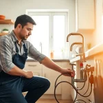 Local plumber repairing a kitchen sink, showcasing expertise in a bright setting.