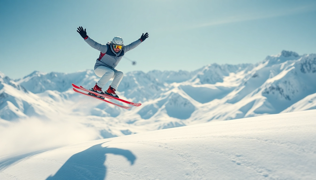 Skier in mid-air using Atomic skis against a stunning snowy mountain backdrop.
