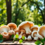 Buy mushrooms online Canada with a close-up of fresh mushrooms on a wooden table.