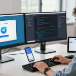 Developer optimizing 纸飞机下载 app in a modern tech workspace with dual monitors and gadgets.