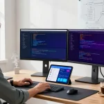 Developer at their desk working on the 纸飞机官网 messaging application, showcasing a modern tech workspace with code and analytics.
