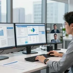 Business analyst evaluating financial crime intelligence data in modern office setting with multiple monitors.