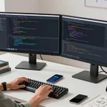 Developer coding at a modern workspace with dual monitors, showcasing 纸飞机中文版 for efficient digital communication.