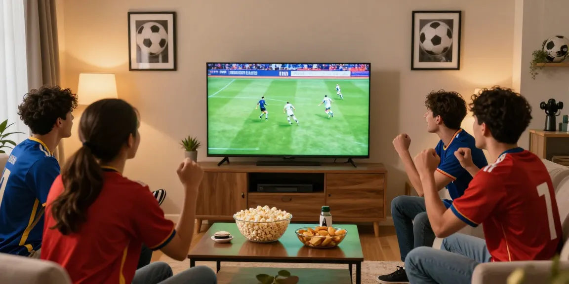 Menonton live bola bersama teman-teman di ruang tamu dengan suasana hangat dan penuh semangat.