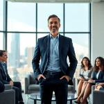 Executive Communication Coach leading a session with professionals in a modern office setting.
