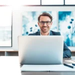Executive Communication Coach confidently leading a session in a modern office setting.