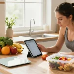 Fitness enthusiast using the best calorie tracking apps in a bright kitchen with healthy meal prep.