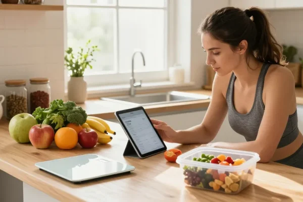 Fitness enthusiast using the best calorie tracking apps in a bright kitchen with healthy meal prep.